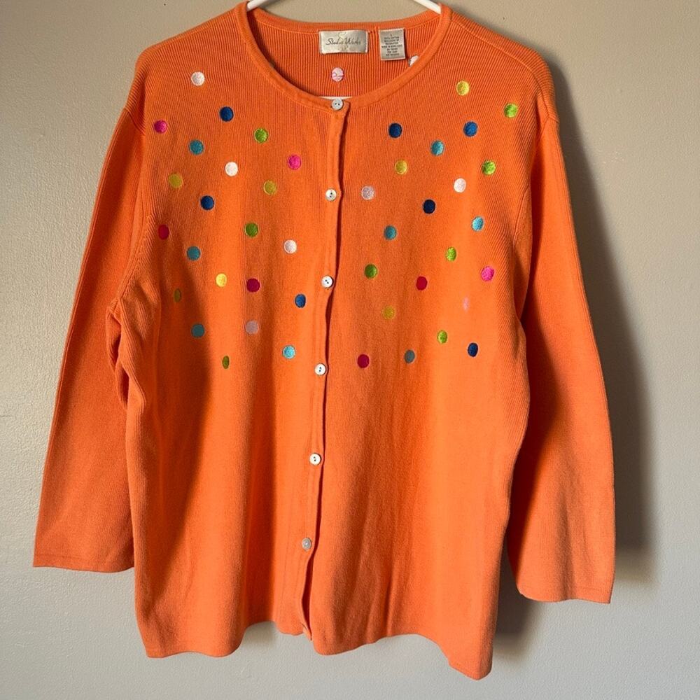 Studio Works Vintage Cardigan Sweater Women LARGE Embroidered Polka Dots Grandma
